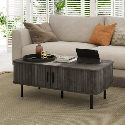 HOMCOM Coffee Table with Storage, Living Room Table with Slatted Tambour Sliding Doors and Adjustable Foot Pads, Rectangular Coffee Table with Elevated Base for Living Room, Grey Wood-Effect