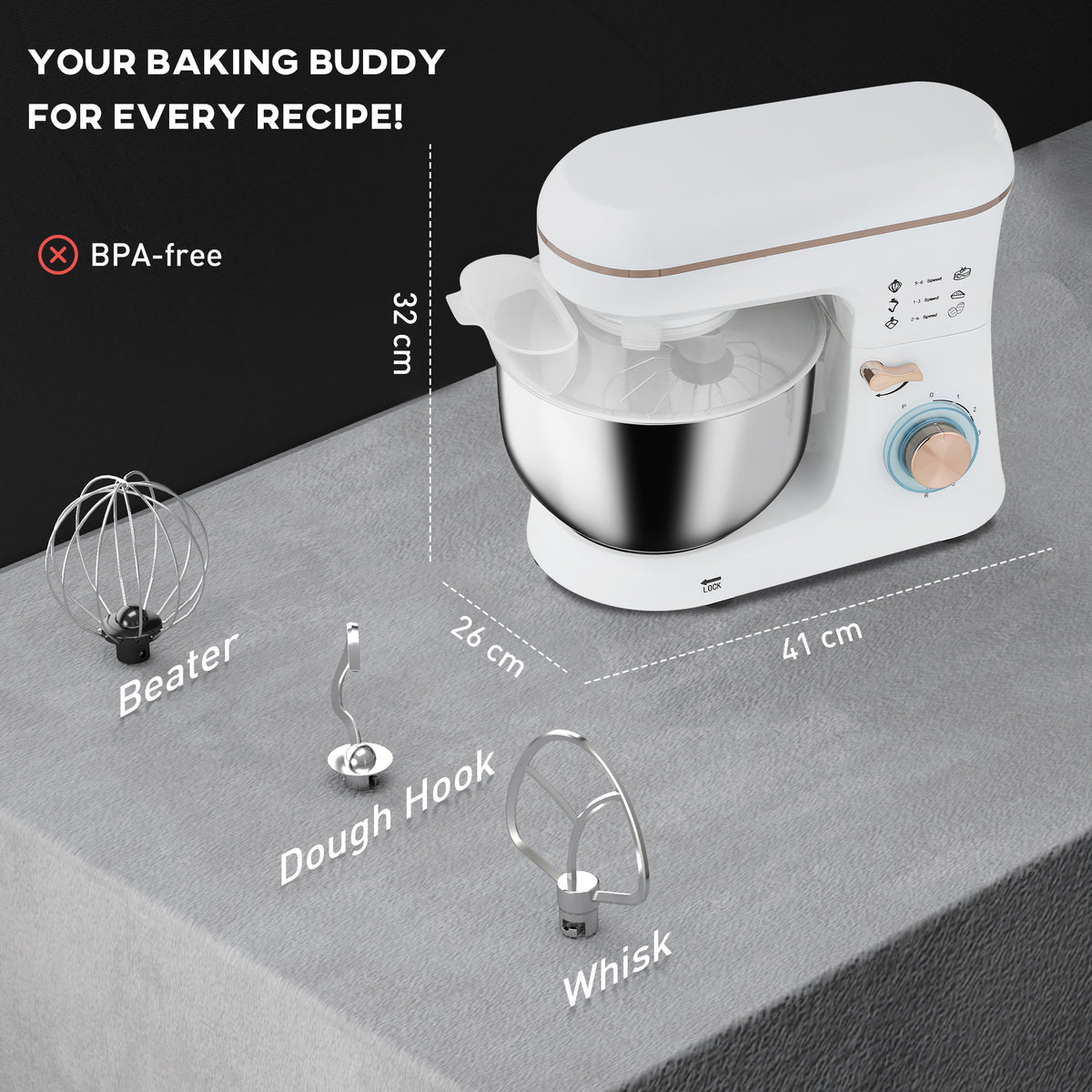 HOMCOM Stand Mixer, 5L Food Mixer for Baking, 6 Speeds and Pulse Setting, 1400W Cake Electric Kitchen Mixer with Dough Hook, Whisk, Stainless Steel Bowl, Splash Guard, Beater, White