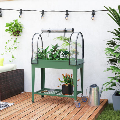 Outsunny Raised Planter with Greenhouse Cover, Mobile Elevated Garden Bed with Wheels and Bottom Shelf for Vegetables, Green
