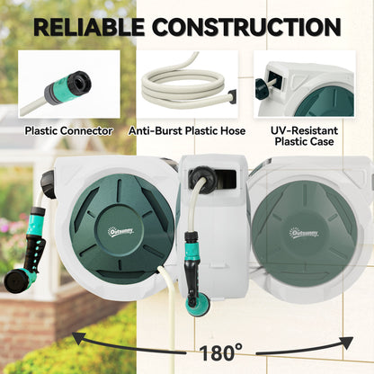 Outsunny Retractable Hose Reel Wall Mounted, 30+2m Garden Hose Pipe Reel with Lock, Auto Rewind, 7 in 1 Spray Nozzle, Includes Wall Fixings, 180° Swivel, Outdoor Watering, 59 x 23 x 42 cm, Grey