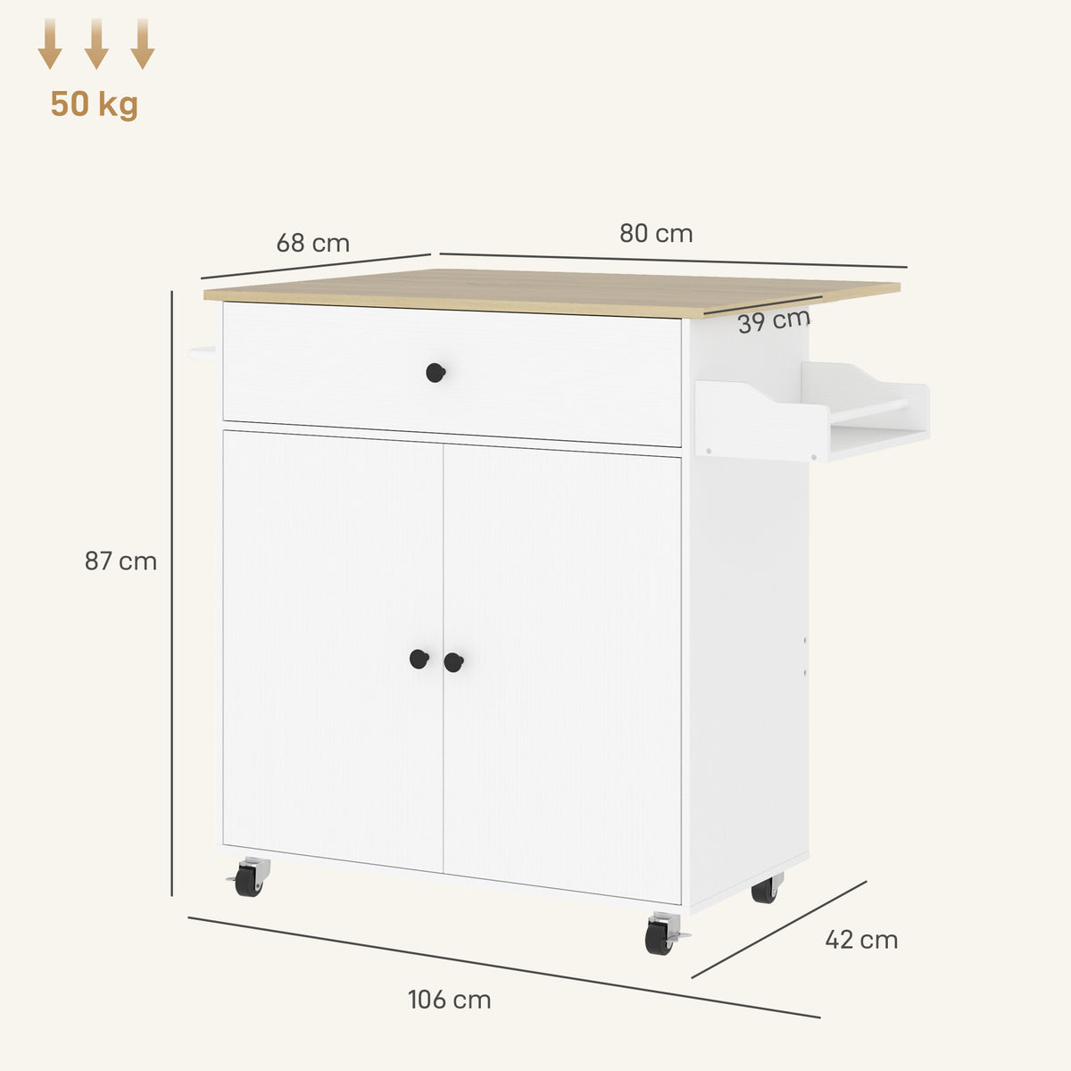 HOMCOM Kitchen Island with Drop Leaf, Rolling Kitchen Storage Trolley on Wheels with Drawer, Spice Rack and Towel Rack, White
