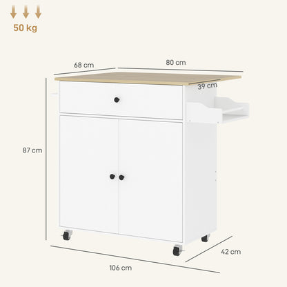 HOMCOM Kitchen Island with Drop Leaf, Rolling Kitchen Storage Trolley on Wheels with Drawer, Spice Rack and Towel Rack, White