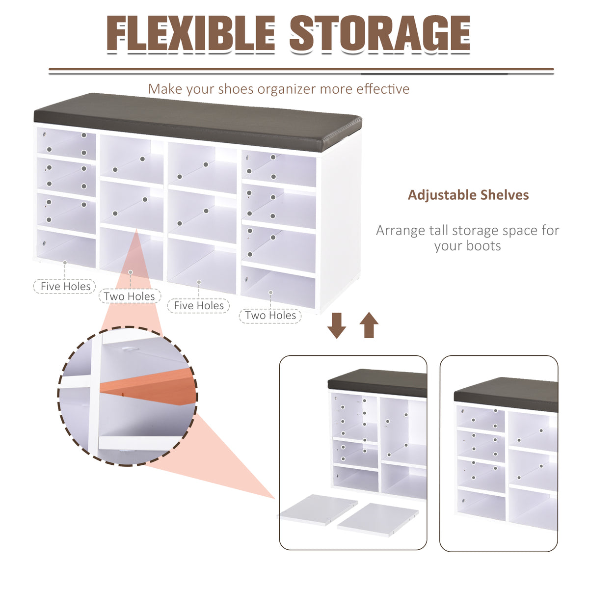 HOMCOM Multi-Storage Shoe Rack with 14 Compartments Cushion Moving Shelves, Solid Frame Foot Pads, White