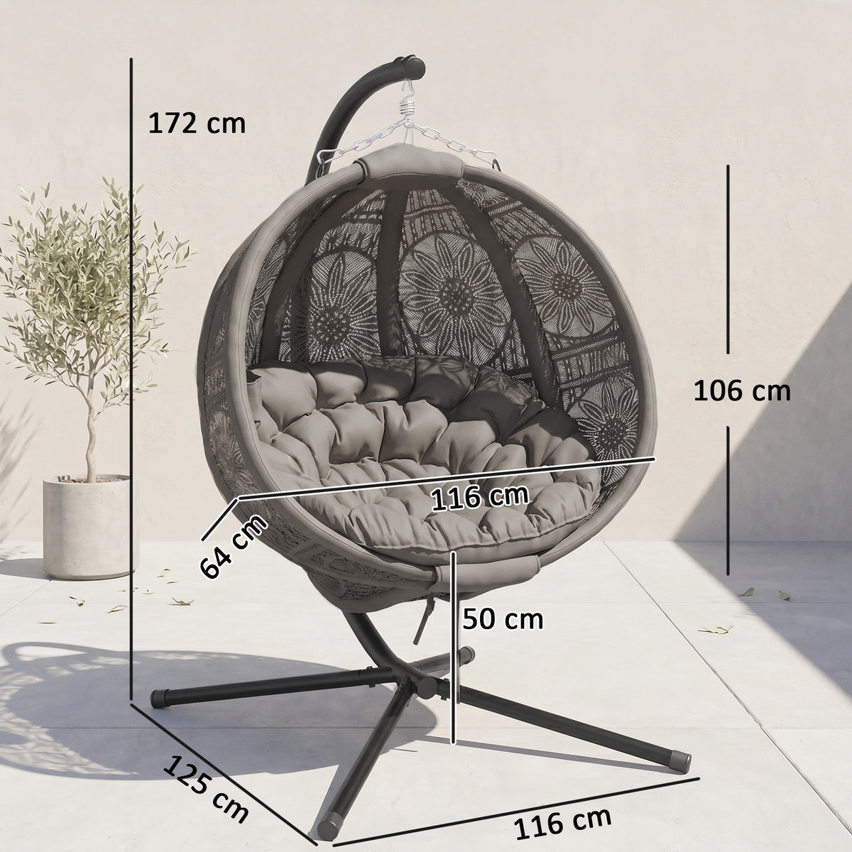 Outsunny Round Egg Basket Chair, with Steel Stand, Charcoal Grey