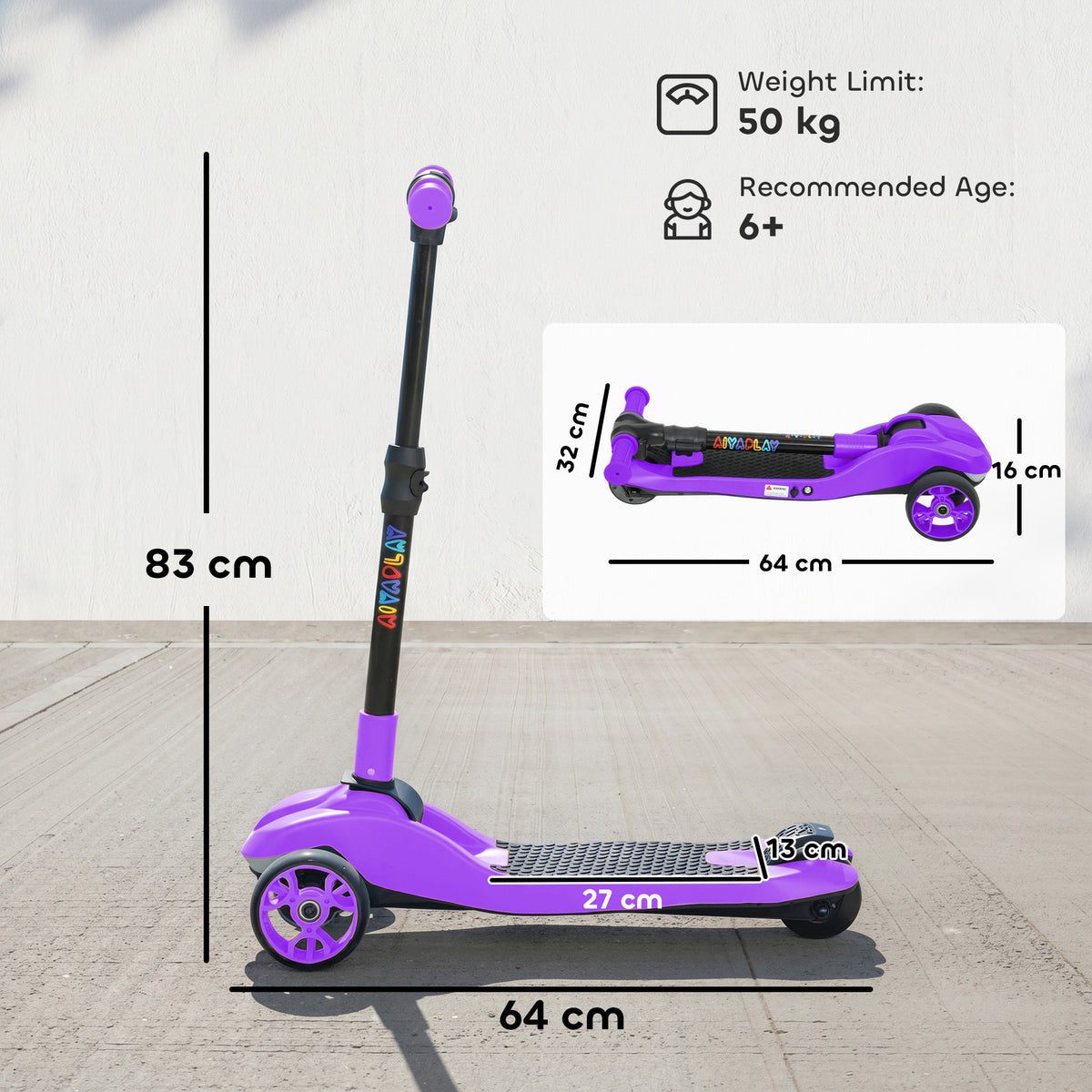 AIYAPLAY Three-Wheel Foldable Electric Scooter for Kids Aged 6-10 Years, Purple