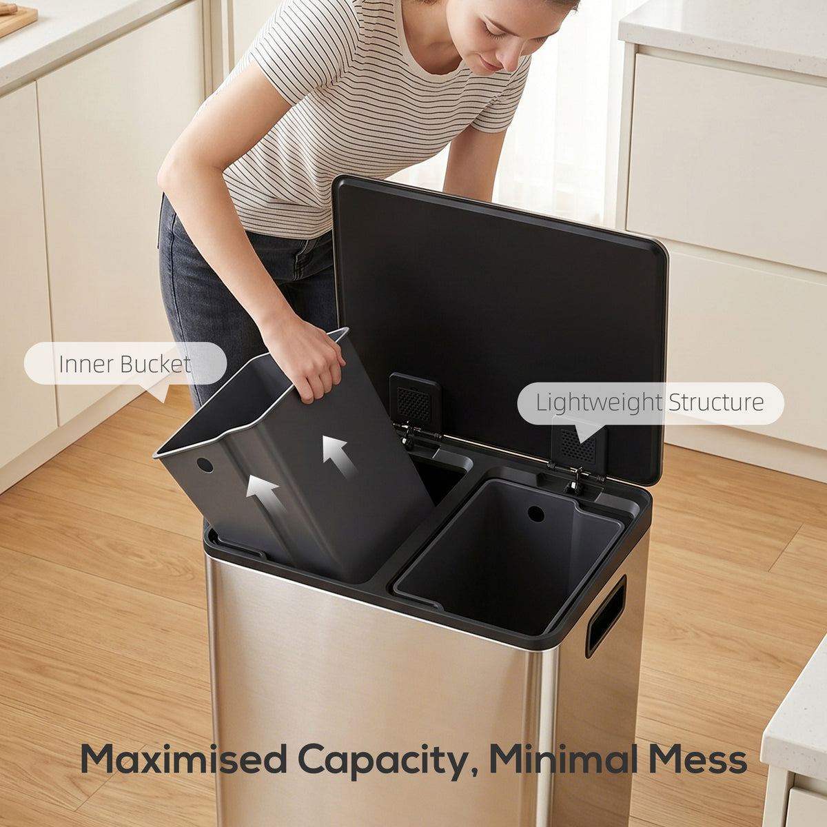 HOMCOM 60L Dual Compartment Stainless Steel Bin, with Deodoriser Holders - Silver Tone