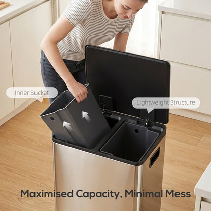 HOMCOM 60L Dual Compartment Stainless Steel Bin, with Deodoriser Holders - Silver Tone