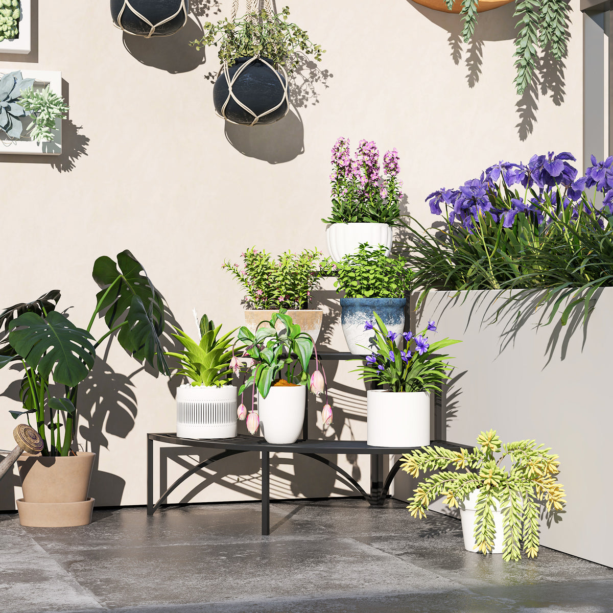 Outsunny Three-Tier Corner Metal Plants Shelves - Black