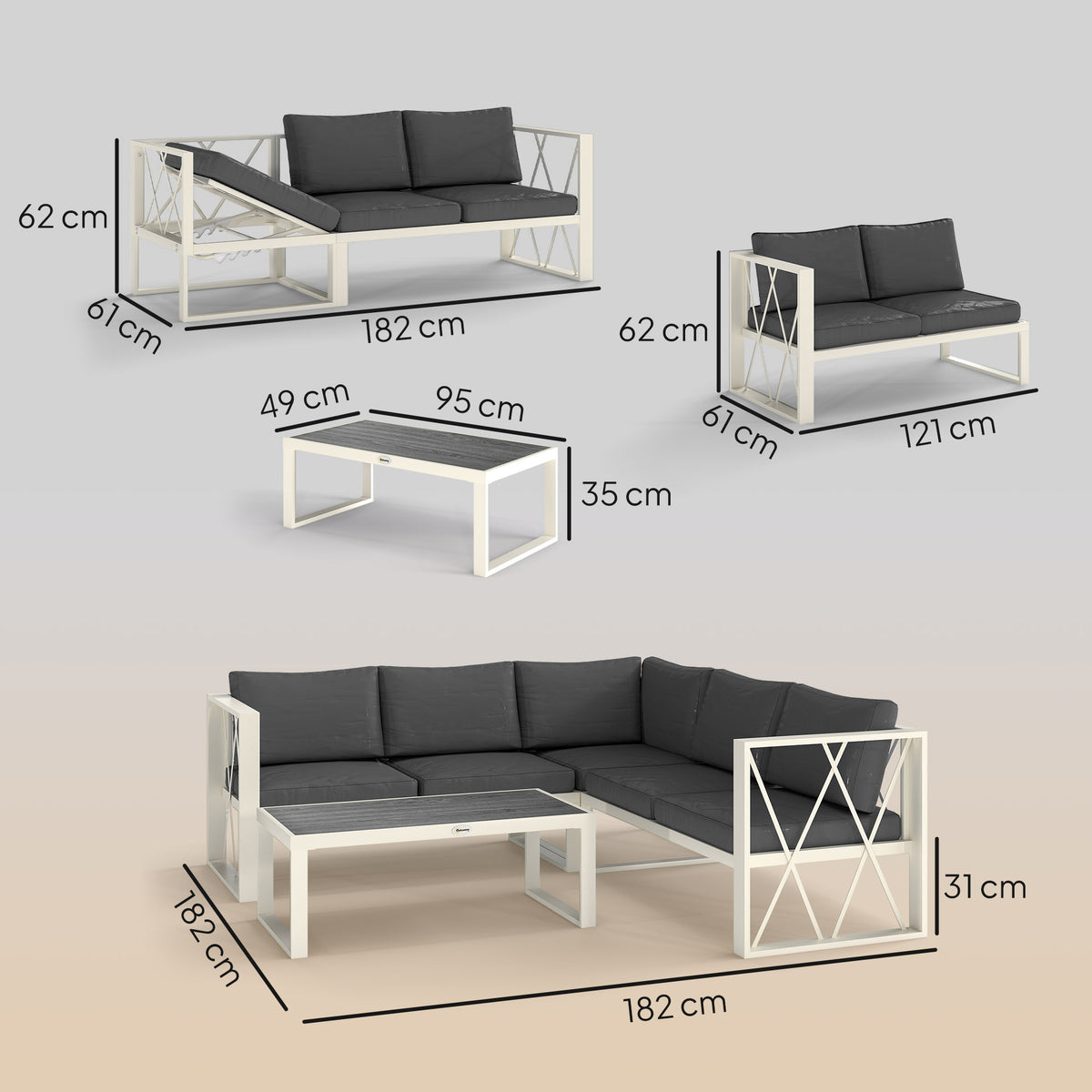 Outsunny Four-Piece L Shaped Garden Furniture Set with 5-Level Adjustable Lounger - Grey