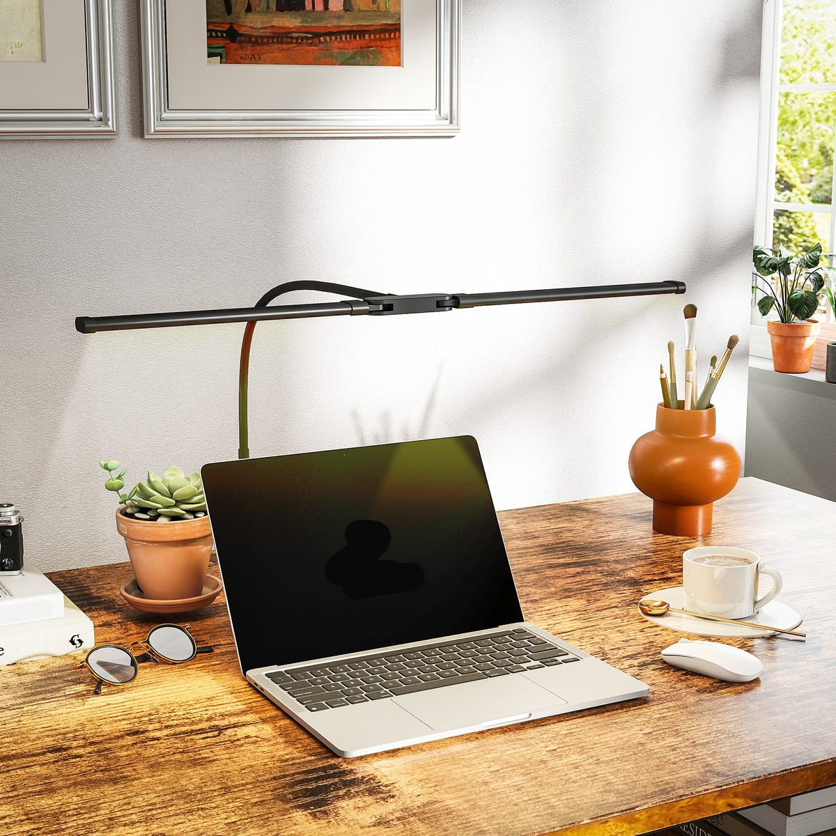 HOMCOM LED Desk Lamp with Clamp, Double Head Table Lamp with 3 Colour Modes & 10 Brightness Levels, Flexible Gooseneck Reading Desk Light with Timer and Memory Function for Study, Office, Work, Black