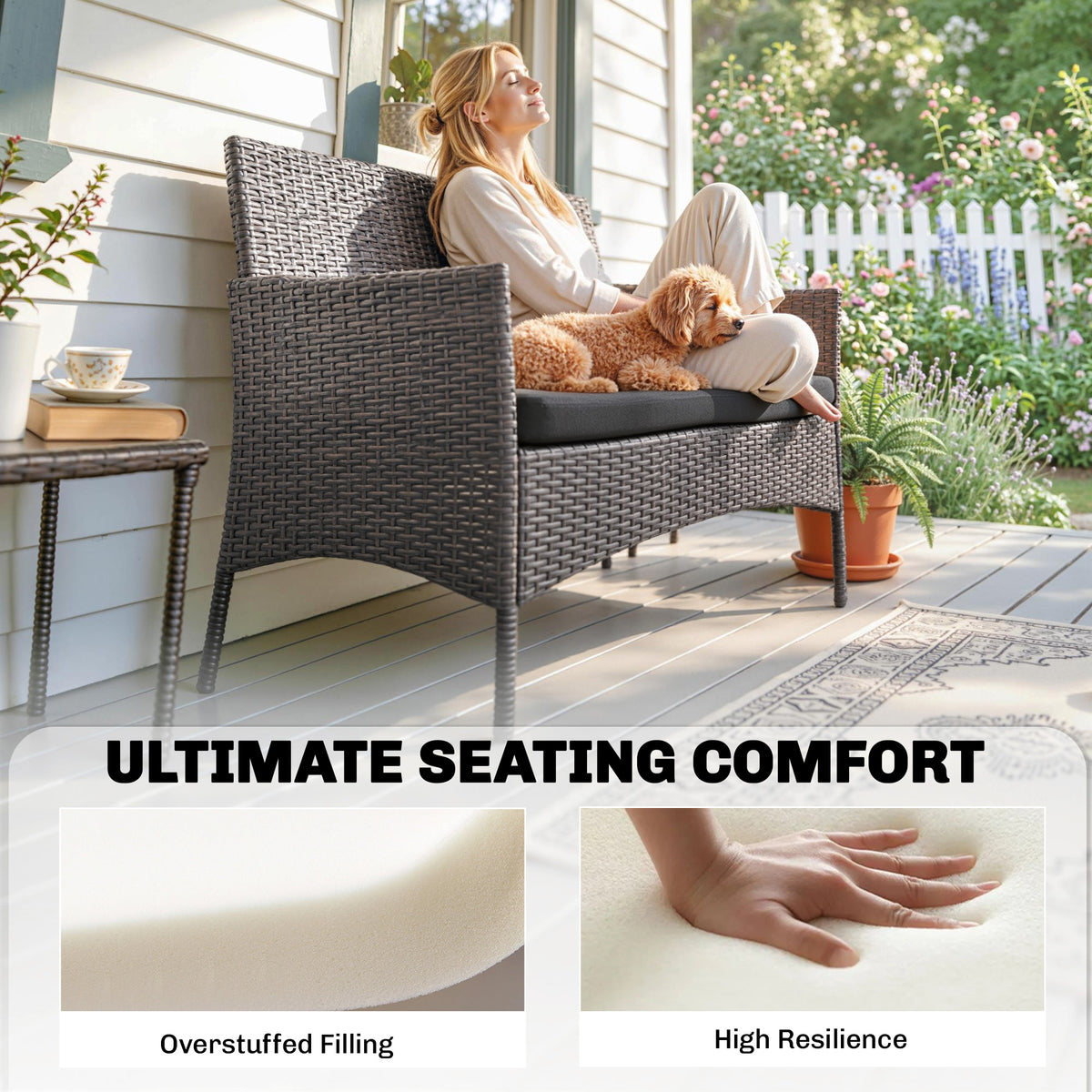 Outsunny Outdoor Seat Cushion Pads for Rattan Furniture, 3 PCs Garden Furniture Cushions, Black