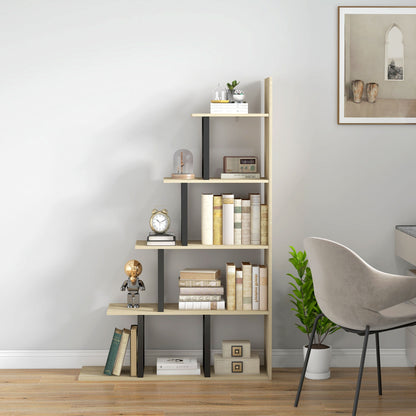 HOMCOM 5-Tier Bookcase, Wooden Ladder Bookshelf Display Stand, Oak