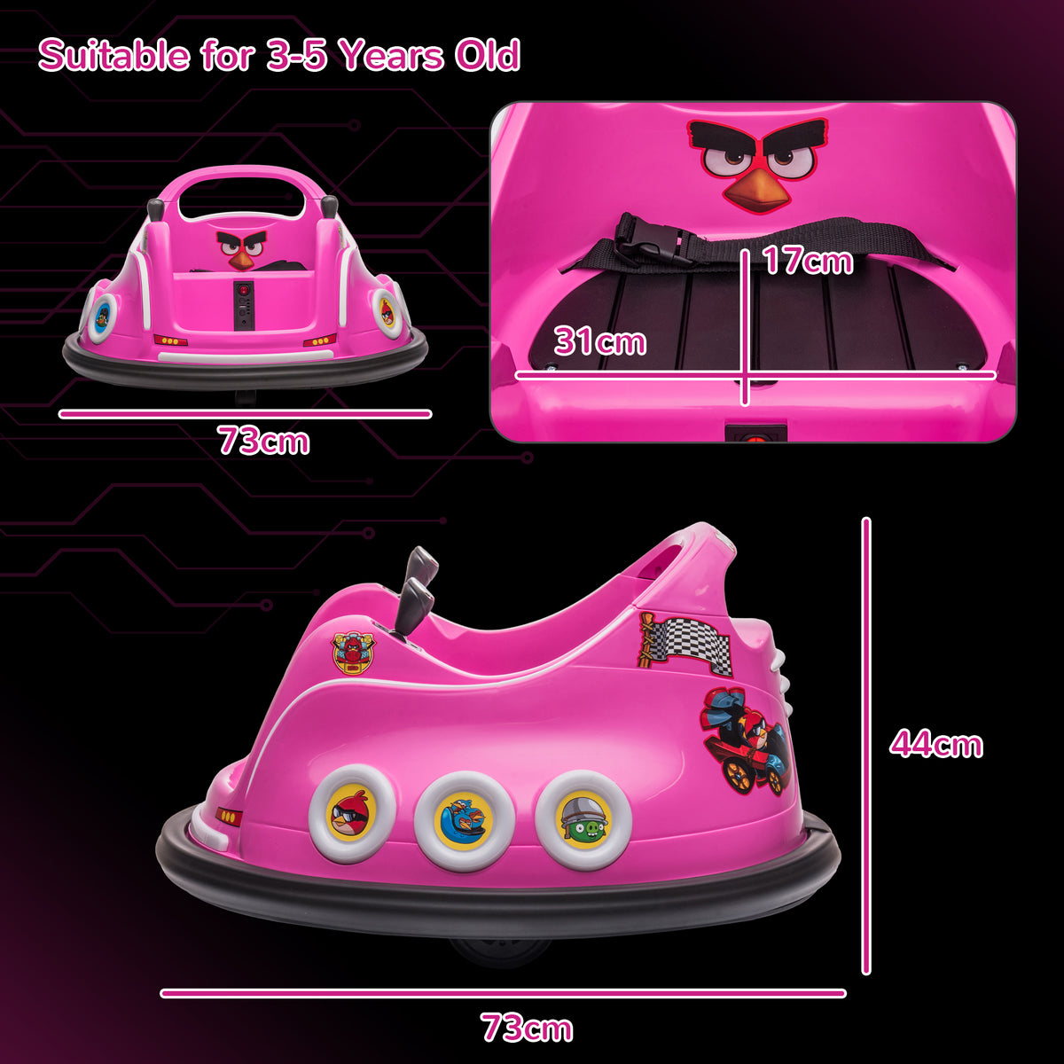 AIYAPLAY Angry Bird Licensed Waltzer Car, 12V Kids Bumper Car w/ Joysticks, Remote, Music LED Lights, Pink