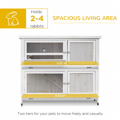 PawHut Wooden Pet Hutch, Two-Tier Cage with Rain Cover, Wheels, White