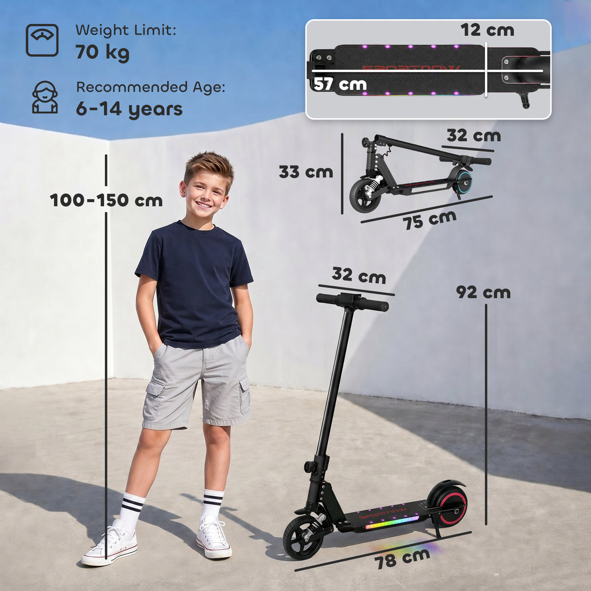SPORTNOW Folding Electric Scooter for Kids, with Dual Brakes, Front Suspension, LED Colourful Lights, Black
