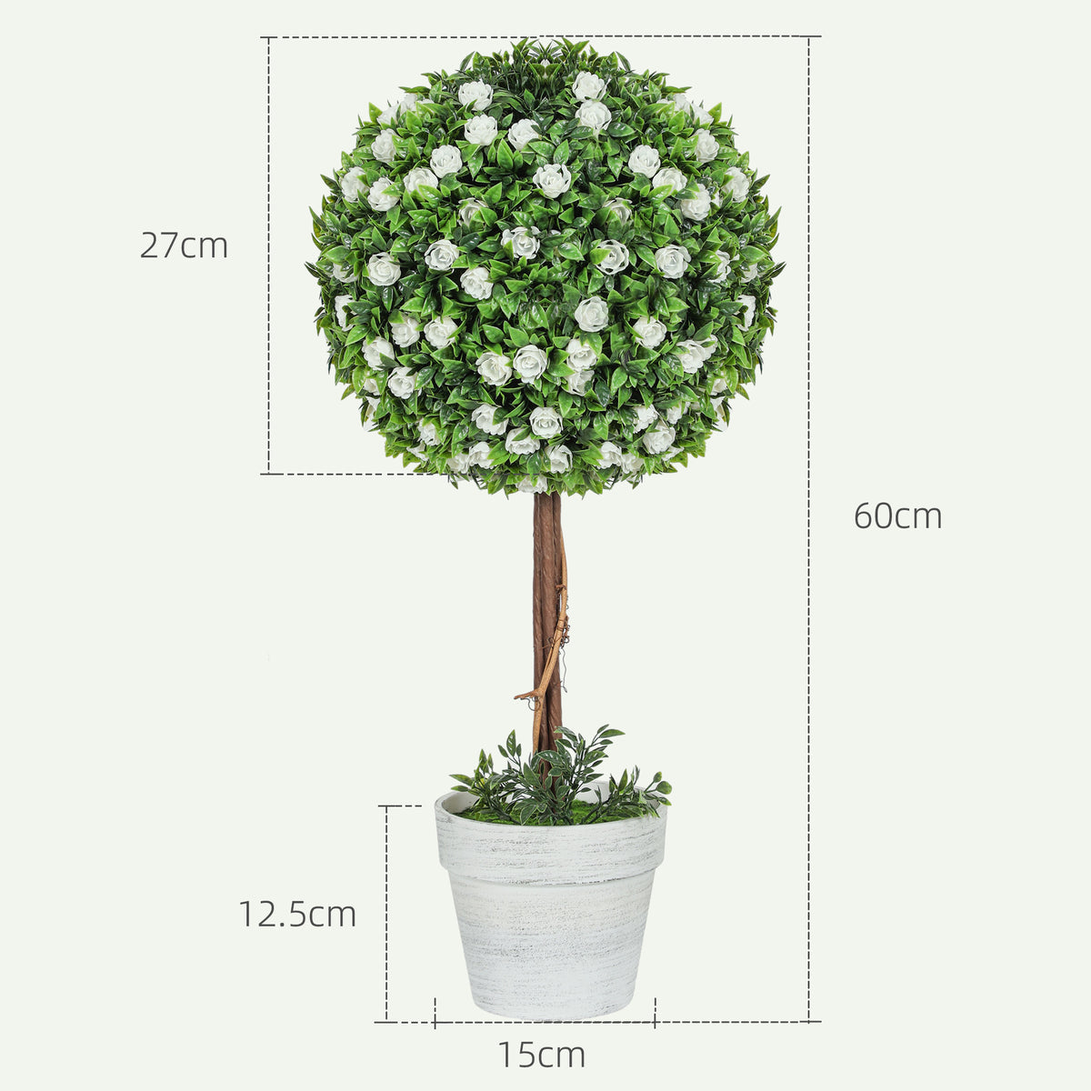 HOMCOM Set of 2 Decorative Artificial Plants, Ball Topiary Tree with Rose Flower in Pot, Fake Plants for Home Indoor Outdoor Decor, 60cm, White