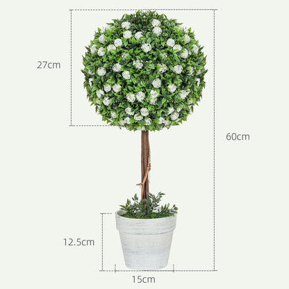 HOMCOM Set of 2 Decorative Artificial Plants, Ball Topiary Tree with Rose Flower in Pot, Fake Plants for Home Indoor Outdoor Decor, 60cm, White