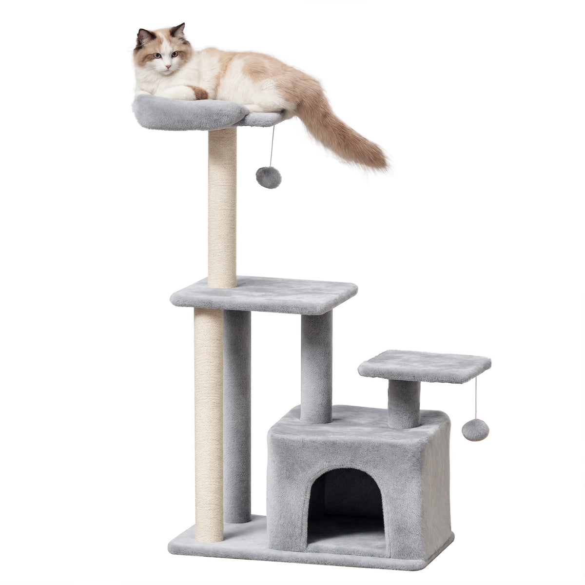 PawHut Cat Tree Tower for Indoor Cats 114cm Climbing Activity Centre Kitten with Sisal Scratching Post Perch Hanging Ball Condo Toy Light Grey