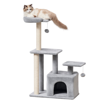 PawHut Cat Tree Tower for Indoor Cats 114cm Climbing Activity Centre Kitten with Sisal Scratching Post Perch Hanging Ball Condo Toy Light Grey