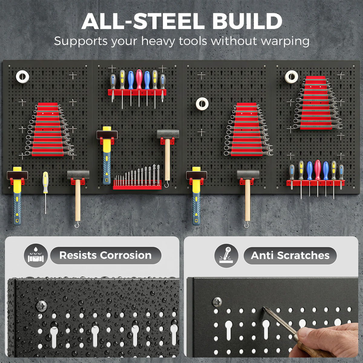 HOMCOM 38 Pcs Wall-Mounted Pegboard with 4 Boards, Garage Tool Storage Unit Black and Red