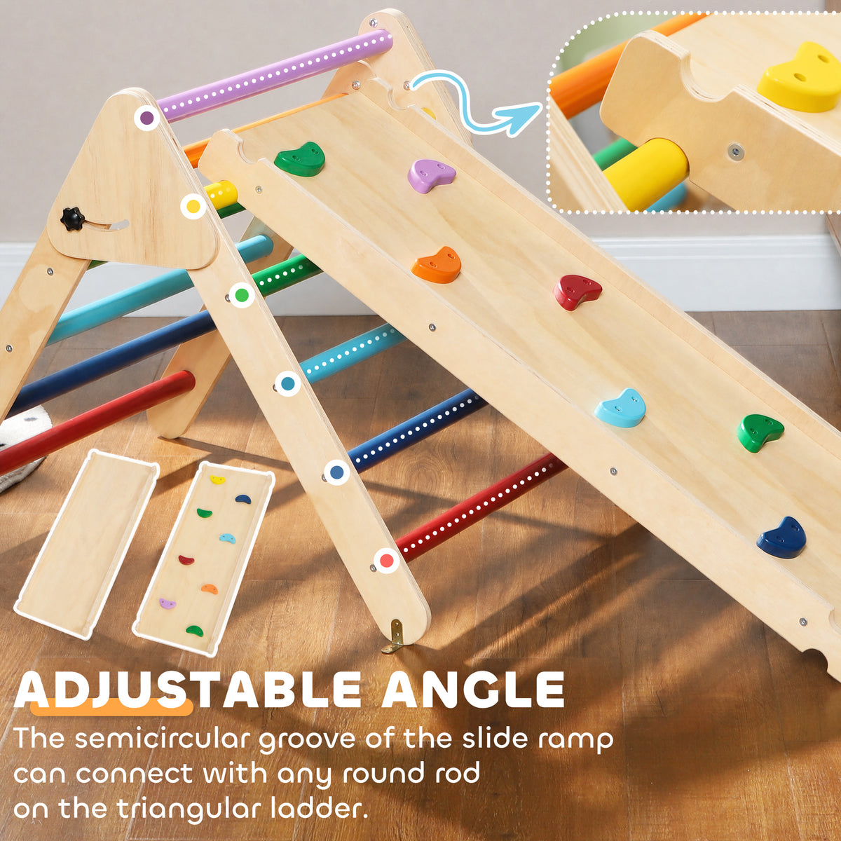 AIYAPLAY Toddler Climbing Frame for Kids, with Ramp, 3-in-1 Wooden Play Triangle Set for 18-48 Months, Multicolour