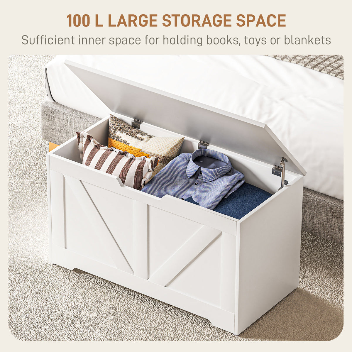 HOMCOM 100L Home Storage Box, with Safety Hinge - White Wood-Effect