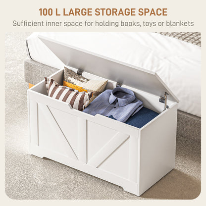 HOMCOM 100L Home Storage Box, with Safety Hinge - White Wood-Effect