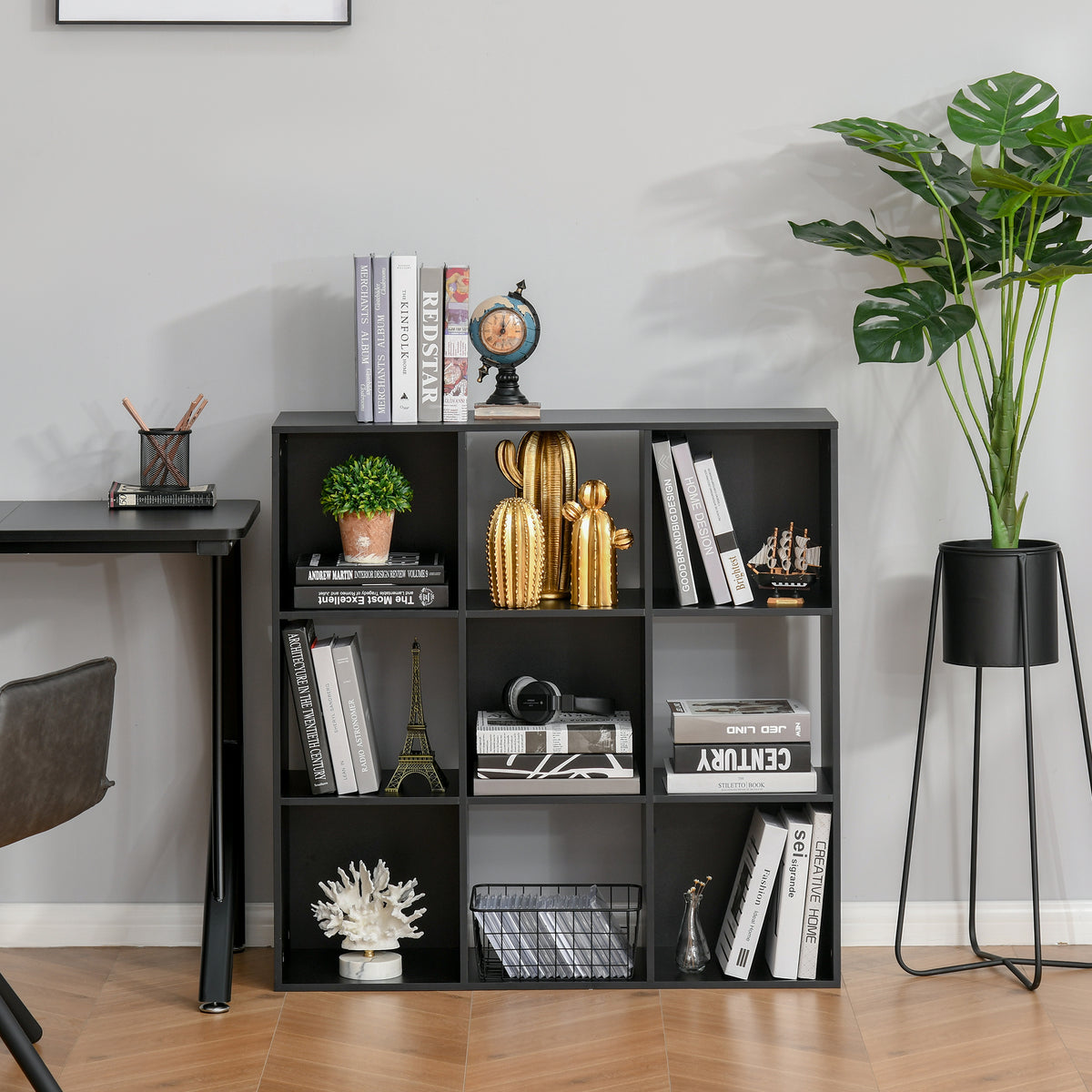 HOMCOM 3-tier 9 Cubes Storage Unit Particle Board Cupboard Bookcase Organiser Home Office Shelves, Black