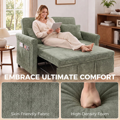HOMCOM 2 Seater Sofa Bed 3-in-1 Convertible Chenille Pull Out Sleeper Sofa with 5-Position Adjustable Backrest, Light Green