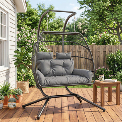 Outsunny Rattan Double Hanging Egg Chair with Stand, Foldable Wicker Swing Egg Chair with Cushion, Head Pillows, Steel Frame, Hammock Chair for Indoor Outdoor, Capacity 260 kg, Dark Grey