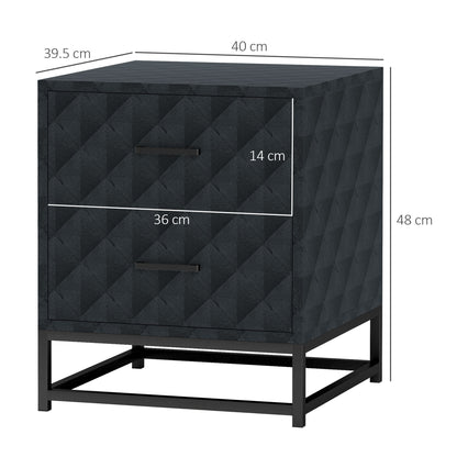 HOMCOM Bedside Tables Set of 2, Modern Bedside Table Nightstand with 2 Drawers, Bedside Cabinet Sofa Side Table with Storage, Steel Legs for Bedroom, Living Room, Black