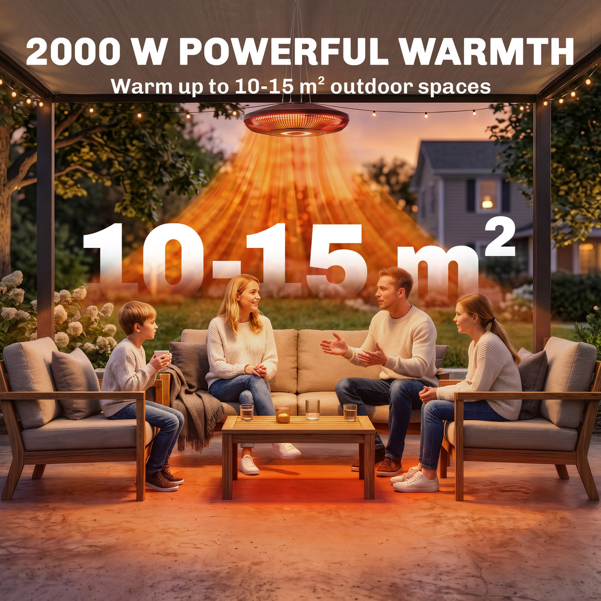 Outsunny Hanging Electric Patio Heater with LED Light, 1000/2000 W IP65 Outdoor Infrared Heater with Touch/Remote Control, Black