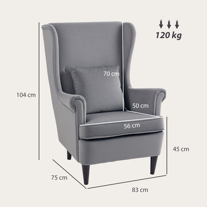 HOMCOM Modern Accent Chair with High Backrest and Pillow, Velvet-Feel Fabric Reading Chair with Solid Wood Legs, Grey
