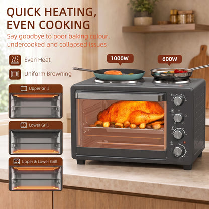 HOMCOM 28L Toaster Oven with Double Hotplate, 1600W Countertop MIni Oven with 60 Minute Timer & 230°C Temp Control, Baking Tray & Wire Rack, Black