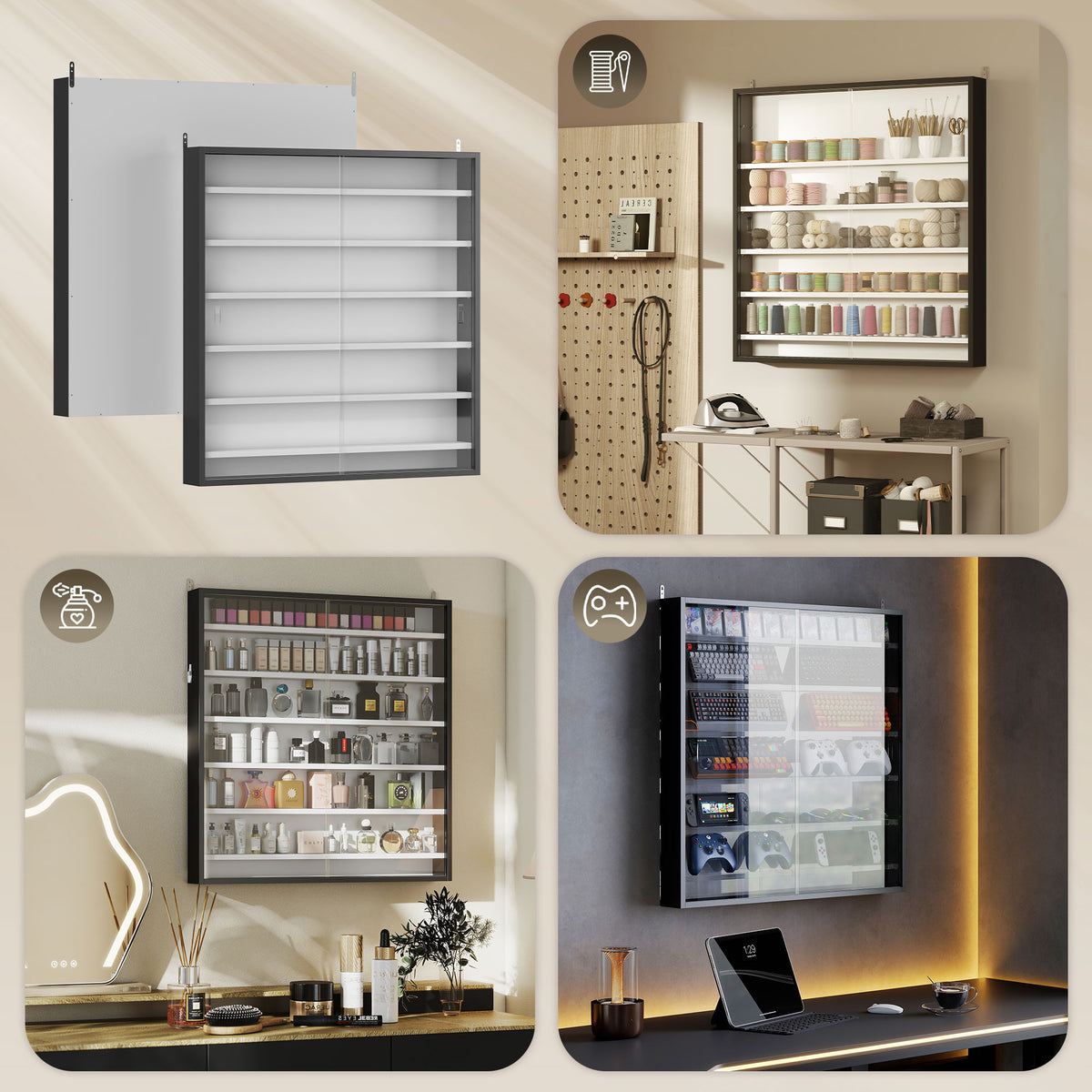 HOMCOM Six Shelf Display Cabinet, with Glass Doors - Black and White