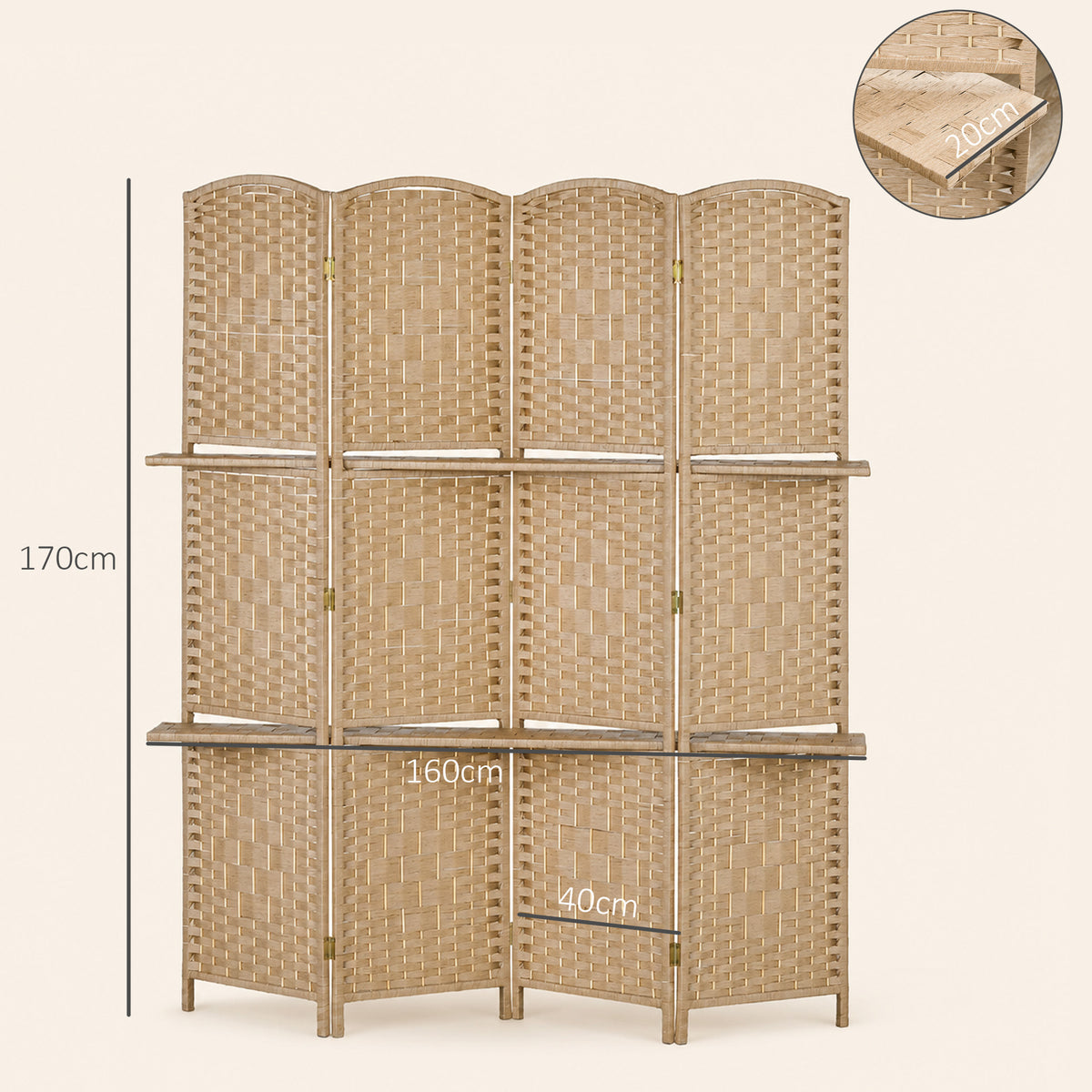 HOMCOM Freestanding Privacy Screen, 4 Panel Folding Room Divider for Living Room, Bedroom and Office, 160 x 170cm, Natural