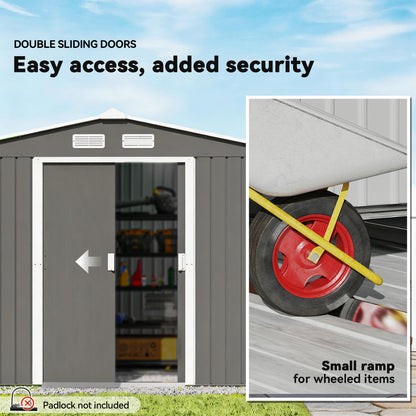 Outsunny 9 x 6FT Outdoor Garden Roofed Metal Storage Shed Tool Box with Foundation Ventilation & Doors Light, Grey