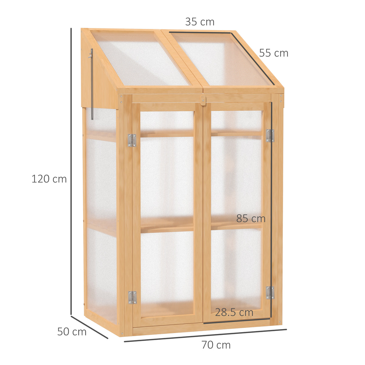 Outsunny Wooden Cold Frame Polycarbonate Greenhouse with Openable Top Cover and Double Door, Grow House for Flower, Vegetable and Plants, 70 x 50 x 120cm, Brown