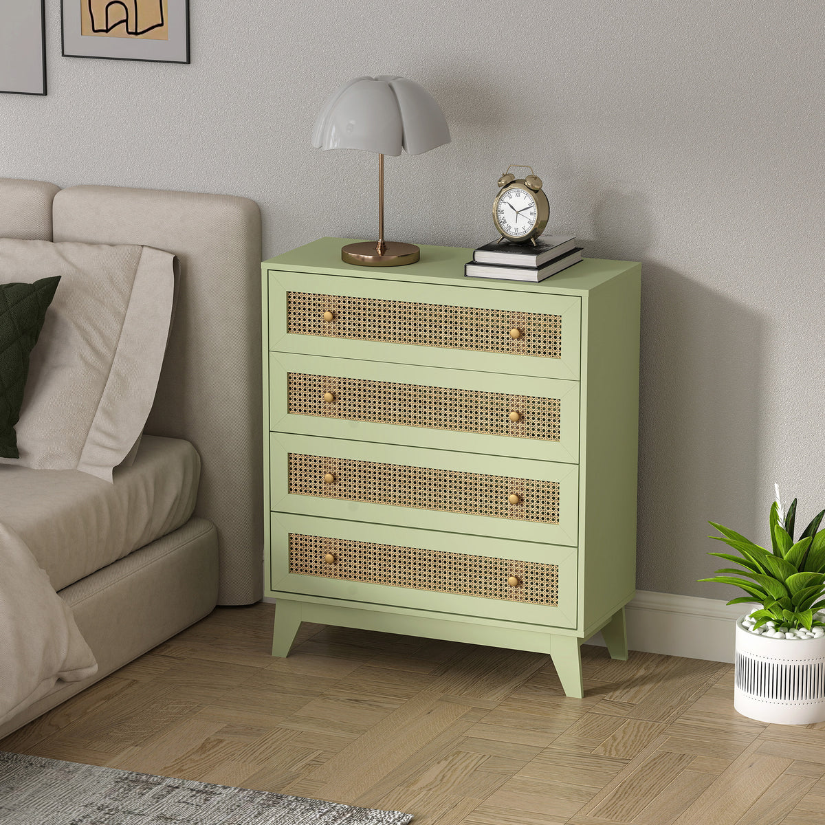 HOMCOM Rattan Chest of Drawers, 4 Drawer Storage Unit with Tapered Legs, Bedroom Storage Organiser Dresser for Bedside, Entryway, Hallway, Living Room, Light Green