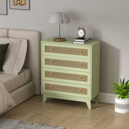 HOMCOM Rattan Chest of Drawers, 4 Drawer Storage Unit with Tapered Legs, Bedroom Storage Organiser Dresser for Bedside, Entryway, Hallway, Living Room, Light Green
