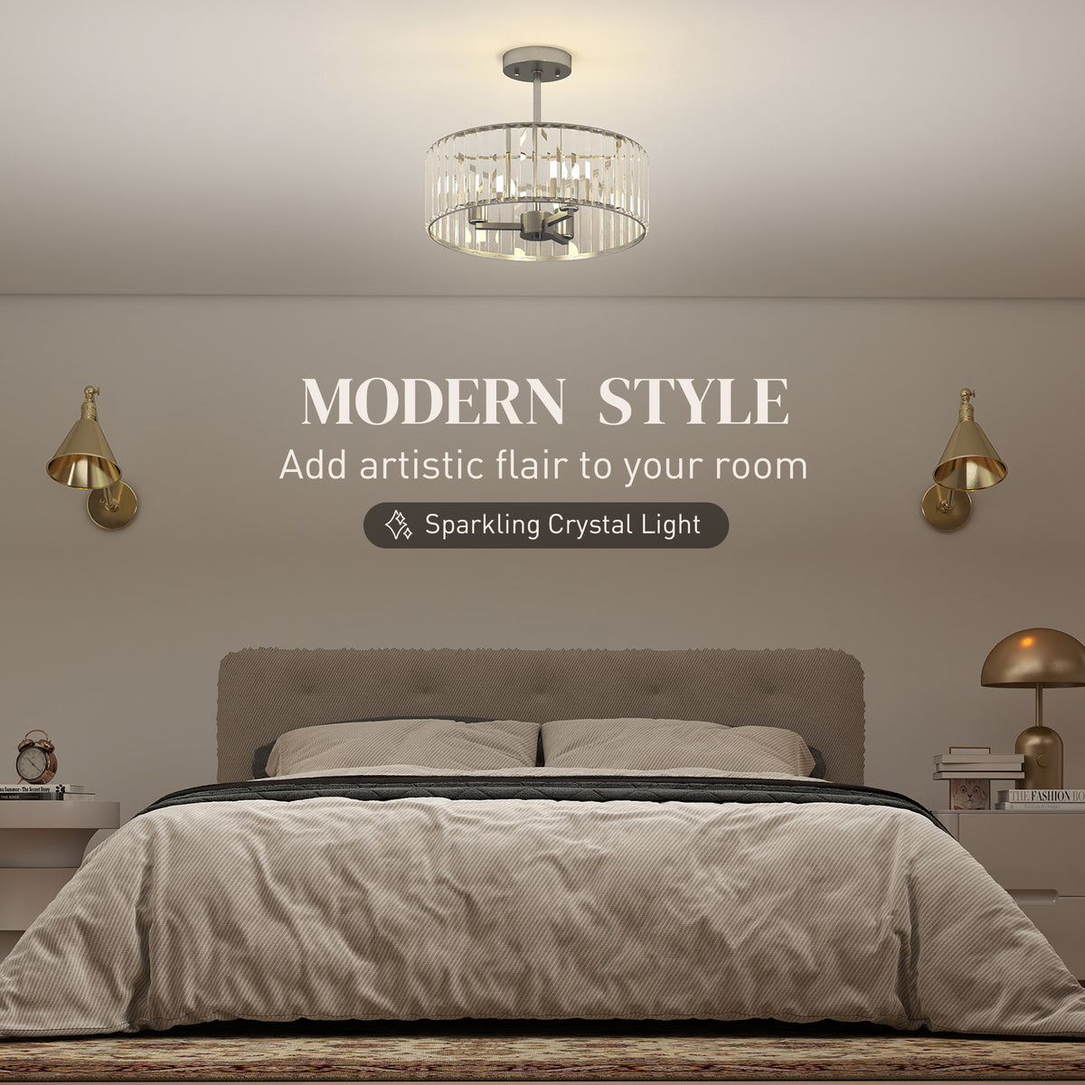 HOMCOM Crystal Ceiling Light Fixture, 39 cm Semi Flush Mount Modern Crystal Chandelier Ceiling Light for Living Room, Bedroom, Hallway, Dining Room, E14 Base 3-Lights, Bulbs Not Included, Silver Tone