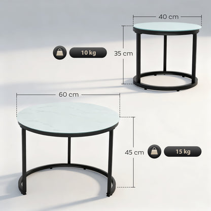 HOMCOM Glass Coffee Table Set of 2, Round Nest of Tables with Marble-Effect Tempered Glass Tabletop and Steel Frame, Modern Side Tables for Living Room, White