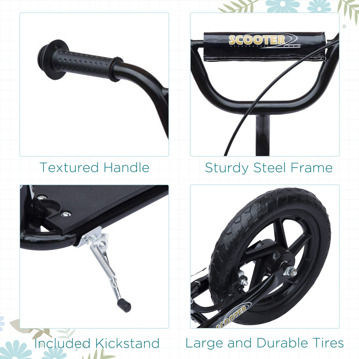 HOMCOM Kids Scooter Kick Scooter, with 12" EVA Tyres, Rear Brake, Big Wheels Scooter for 5-12 Years , Black