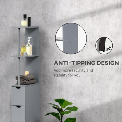 HOMCOM Tall Bathroom Cabinet, Freestanding Slim Bathroom Storage Cabinet with 2-Tier Open Shelf and 2 Drawers for Small Space, Narrow Cupboard Storage Unit, Grey