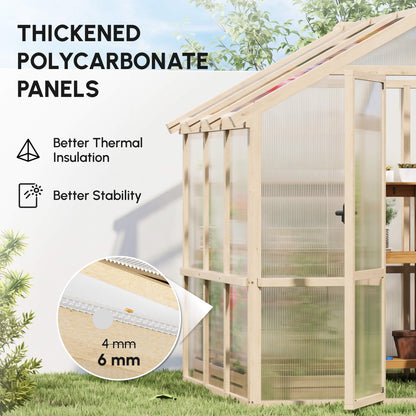 Outsunny 6.6 x 6ft Polycarbonate Greenhouse, Walk-in Wooden Greenhouse with Lockable Door and Window, Brown
