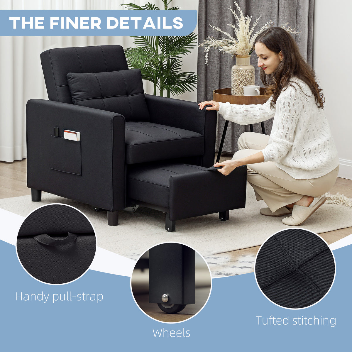 HOMCOM 3-In-1 Linen-Look Single Chair Bed with 11cm Thick Adjustable Back & Eucalyptus Wood Sofa Frame - Black