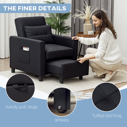 HOMCOM 3-In-1 Linen-Look Single Chair Bed with 11cm Thick Adjustable Back & Eucalyptus Wood Sofa Frame - Black