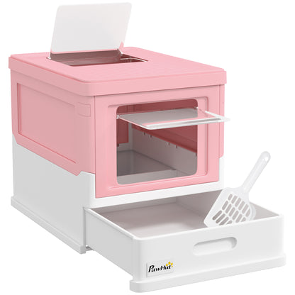PawHut Hooded Cat Litter Box, Portable Pet Toilet, with Scoop, Front Entry - Pink
