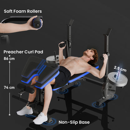 HOMCOM Adjustable Weight Bench with Leg Extension, Barbell Rack, Preacher Curl Pad, Butterfly, Multi-Function Home Gym Bench for Strength Training, Blue