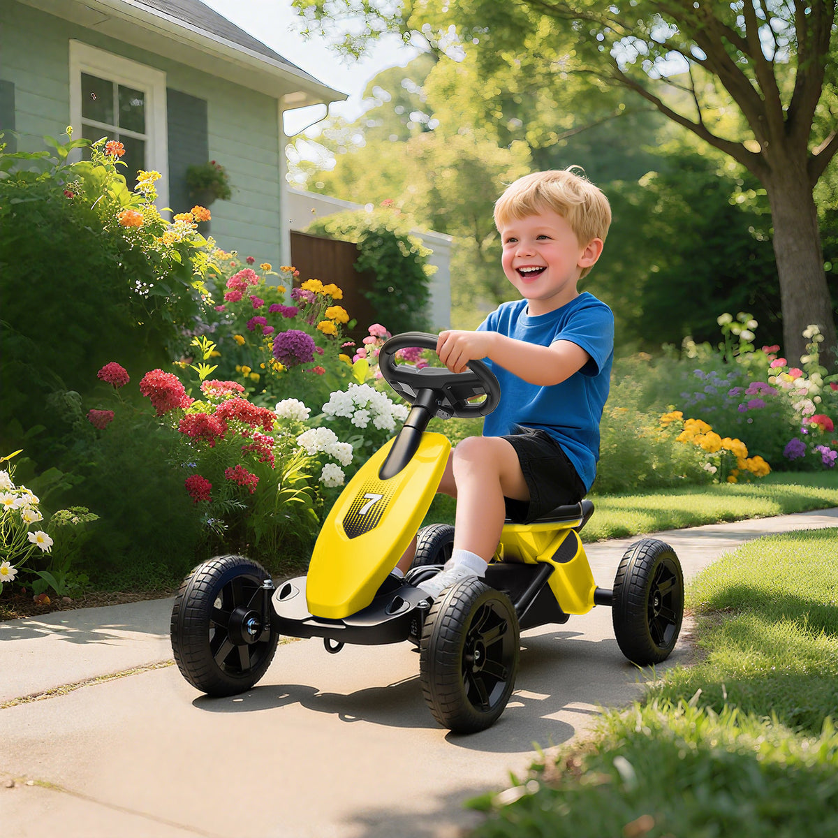 AIYAPLAY Pedal Go Kart for Kids 2-5 Years, with Silent EVA Wheels, Metal Frame, Yellow